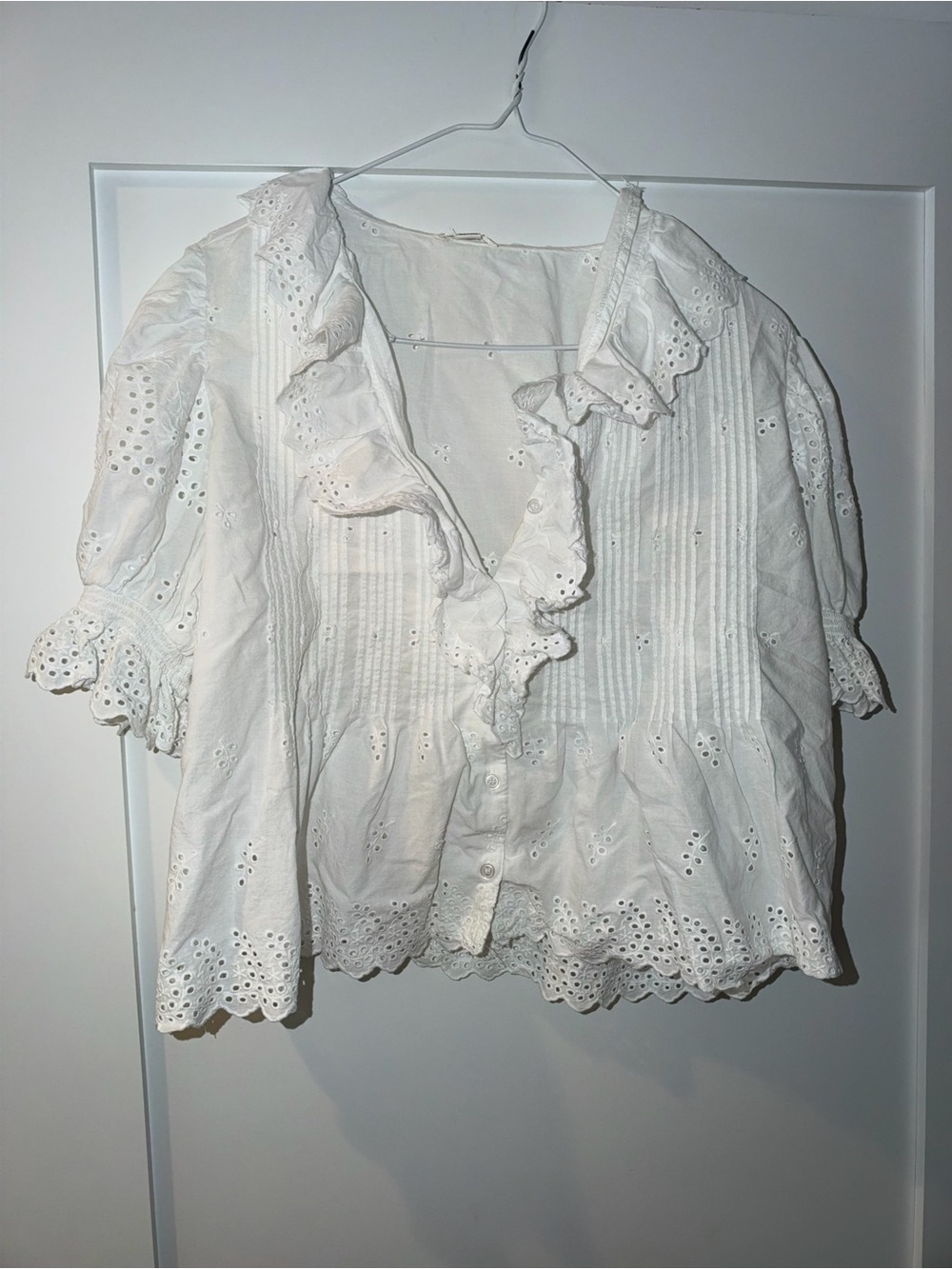 White Eyelet Ruffle Button-Front Top